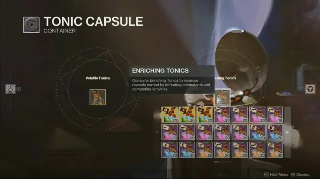 screenshot taken of the tonics screen